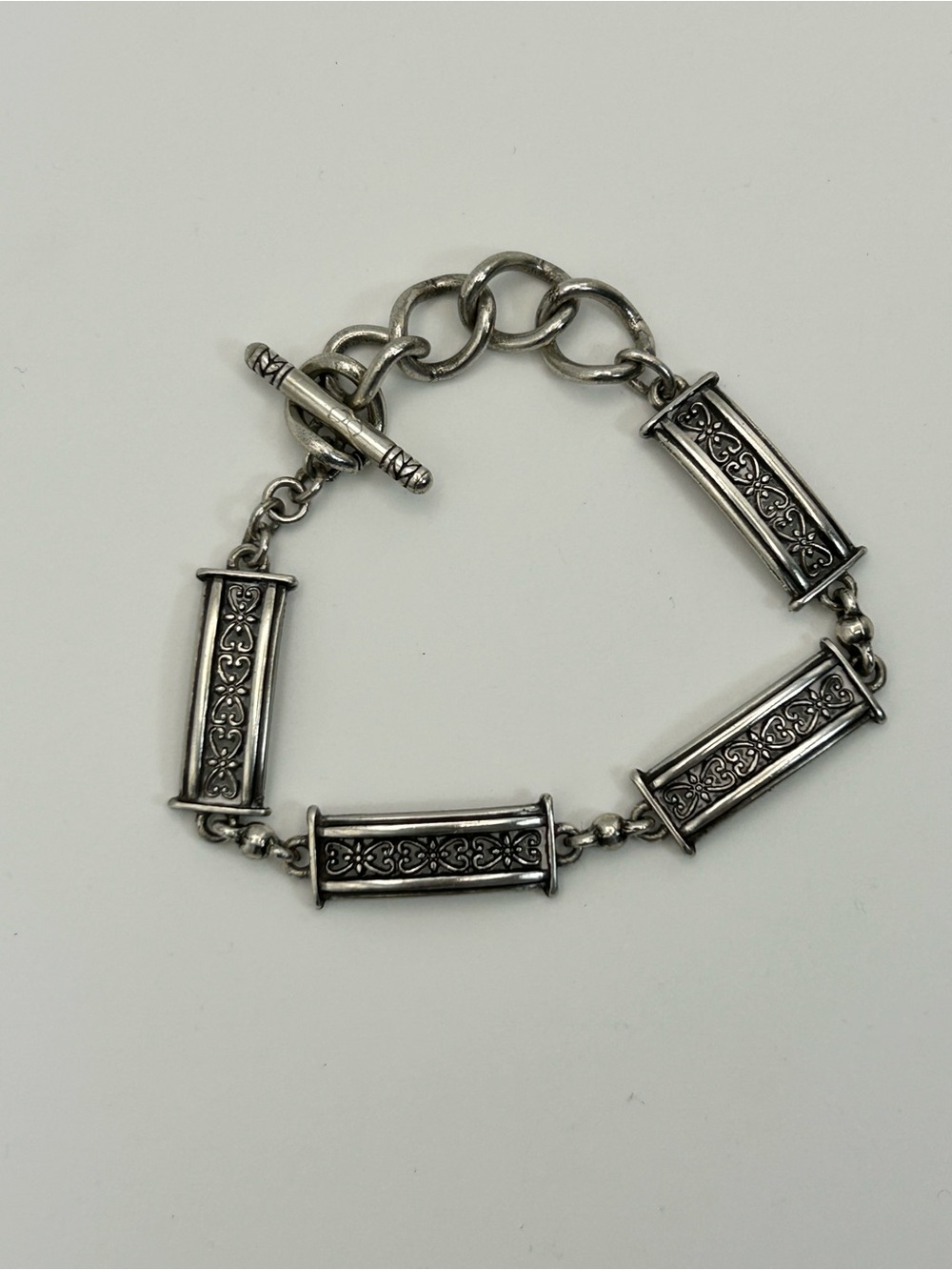 Brighton Vintage Bar Link Bracelet Silver Plated Toggle Etched Design 7.5" - Picture 5 of 9